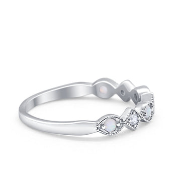Art Deco Stacking Half Eternity Wedding Ring Lab Created White Opal 925 Sterling Silver